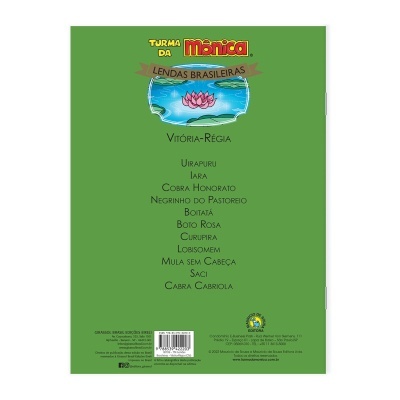 Capa traseira verde de livro com texto e ilustração de lírio rosa na lagoa, lista de lendas brasileiras.