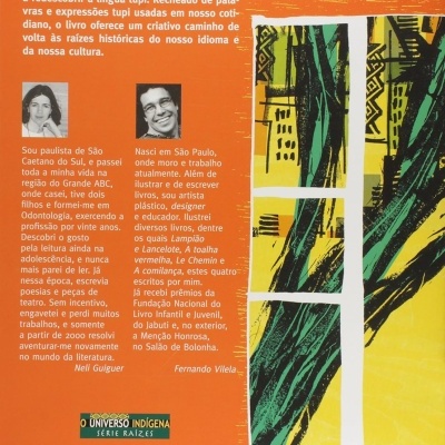 Contracapa de livro laranja com texto, fotos dos autores e ilustração abstrata colorida