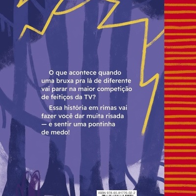 Capa traseira de livro ilustrado com árvores roxas, linhas amarelas, texto em português e código de barras.