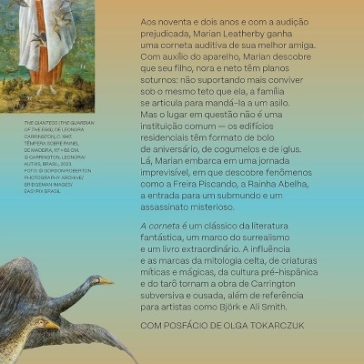 Contracapa de livro com texto em português, imagem de pintura e ilustração de aves, código de barras.