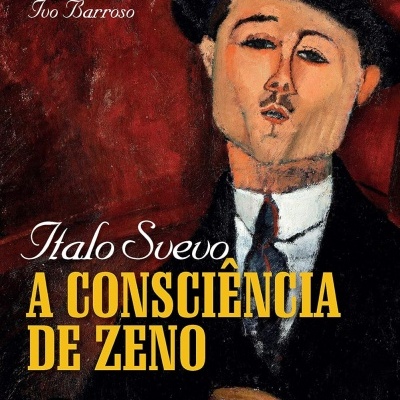 Capa de livro A Consciência de Zeno de Italo Svevo com pintura de homem de chapéu e texto em português.