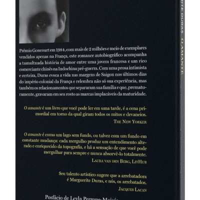 Capa traseira do livro O Amante em preto com texto descrevendo o romance e uma pequena fotografia a preto e branco