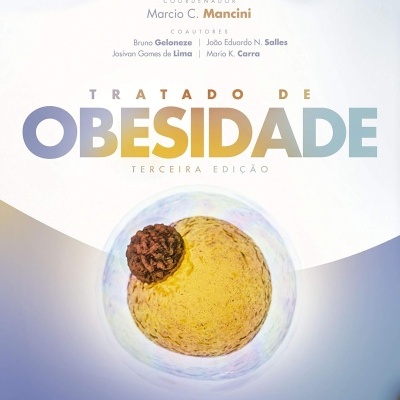 Capa de livro Tratado de Obesidade com ilustração de células e texto sobre autor e coautores