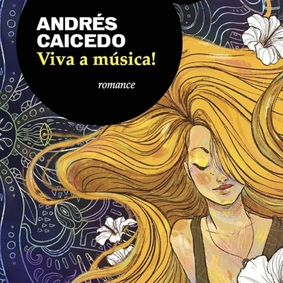 Capa de livro com mulher de cabelo longo amarelo, flores brancas e texto em círculos pretos