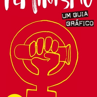 Capa de livro vermelho com símbolo feminista e texto