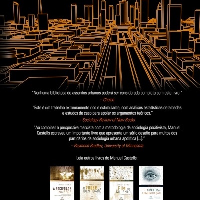 Contracapa de livro com ilustração urbana, texto de citações e imagens de outros livros