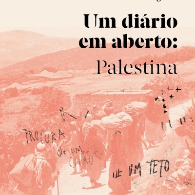 Capa de livro Um diário em aberto: Palestina com imagem de pessoas a caminhar numa paisagem rural