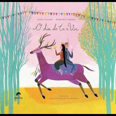 Capa de livro ilustrada com veado roxo e personagens sentados