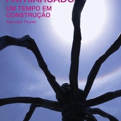 Capa de livro com título em letras rosas, fundo azul céu e escultura preta de aranha