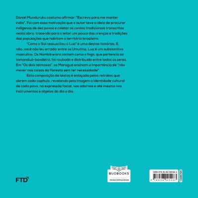 Parte traseira de livro azul com texto em português e logos de editoras