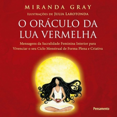 Capa de livro com fundo vermelho e ilustração de mulher meditando com lua amarela ao fundo