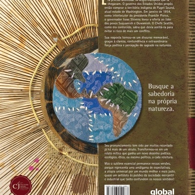Parte de trás de livro com padrão circular e texto em português