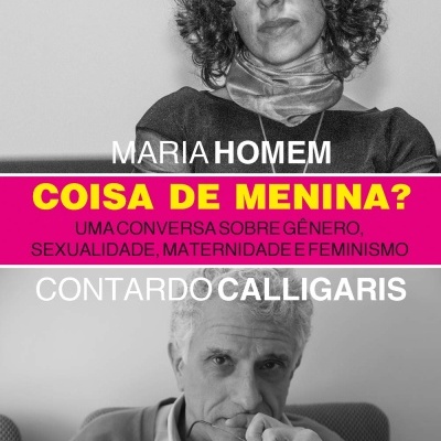 Imagem a preto e branco de Maria Homem e Contardo Calligaris com texto sobre debate de gênero