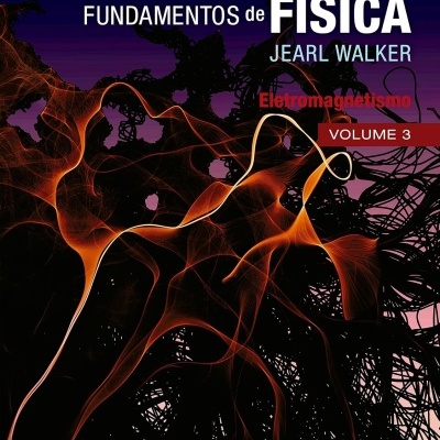 Capa de livro FUNDAMENTOS de FÍSICA com design abstrato laranja e negro
