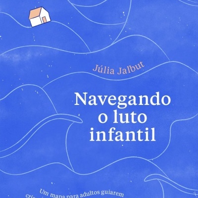 Capa de livro azul com ondas brancas, casa pequena e texto em branco e castanho