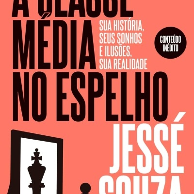 Capa de livro A Classe Média no Espelho com texto e ilustração de peças de xadrez