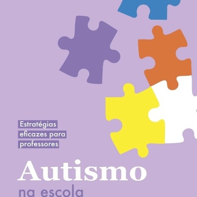 Capa de livro lilás com peças de puzzle coloridas e texto sobre autismo na escola