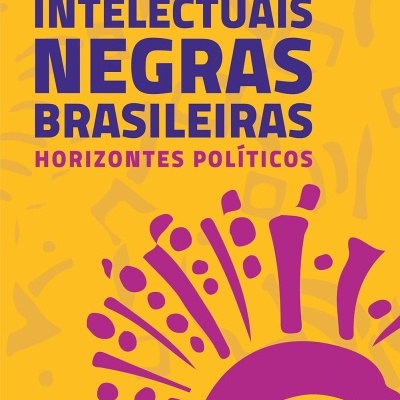 Capa do livro Intelectuais Negras Brasileiras com padrão roxo e fundo amarelo.