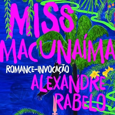 Capa de livro azul com plantas verdes e texto rosa e branco