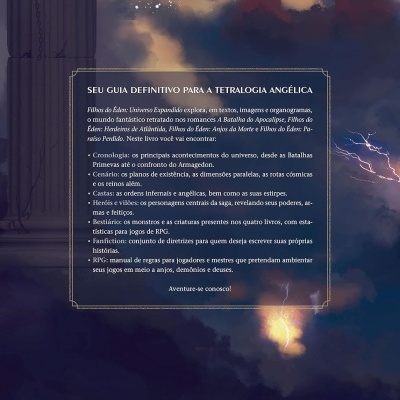 Contracapa de livro com texto descritivo, fundo de céu com nuvens e relâmpagos.