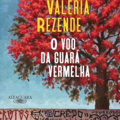 Capa de livro com título e ilustração de árvore vermelha e muro grafitado
