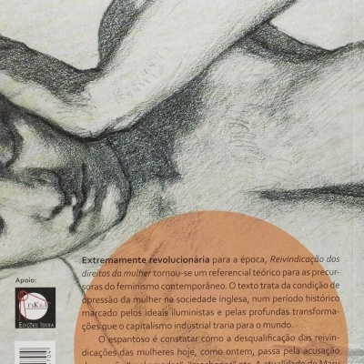 Capa traseira de livro com desenho a lápis de figura humana e texto sobre feminismo com círculo alaranjado no fundo.
