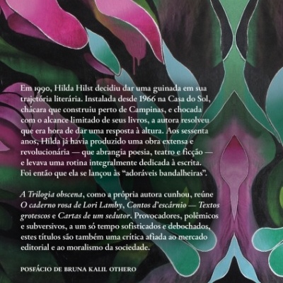 Capa traseira de livro com design abstrato em verde, rosa e azul e texto em português.