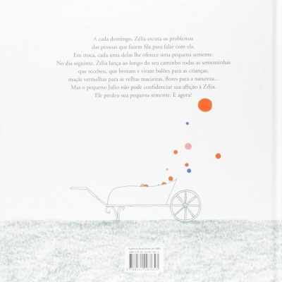 Contra capa de livro infantil com texto e ilustração de carrinho com bolinhas coloridas