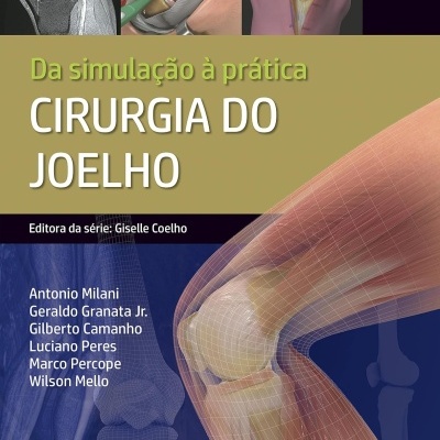 Capa de livro sobre cirurgia do joelho com imagens médicas e texto em português