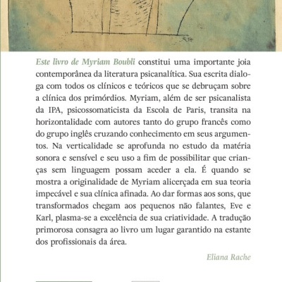 Parte traseira de livro com desenho abstrato e texto em português
