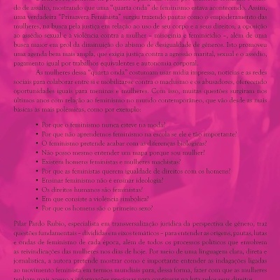 Contracapa de livro rosa com texto sobre feminismo e código de barras ISBN.