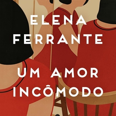 Ilustração de mulheres de vestido vermelho e cabelo preto em cadeiras, texto branco em fundo bege