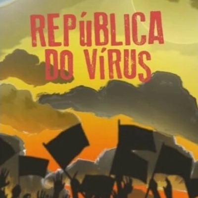 Capa de livro com título REPÚBLICA DO VÍRUS e autor ANTÓNIO QUINO, multidão com bandeiras ao pôr do sol