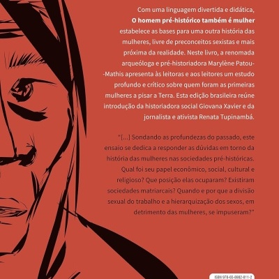 Capa traseira de livro com ilustração estilizada de rosto feminino e texto em português