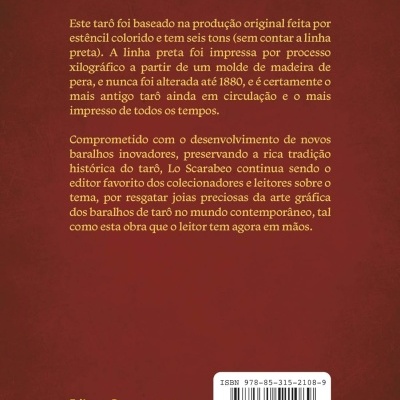 Parte traseira de um produto com texto em português sobre tarô e código de barras