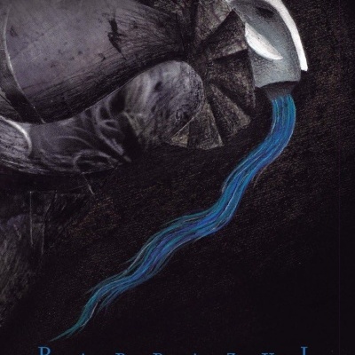 Capa de livro abstrata com título BARBAZUL e texto do autor e tradutor