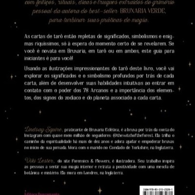 Contracapa de livro de tarô com texto descritivo em português europeu e código de barras.