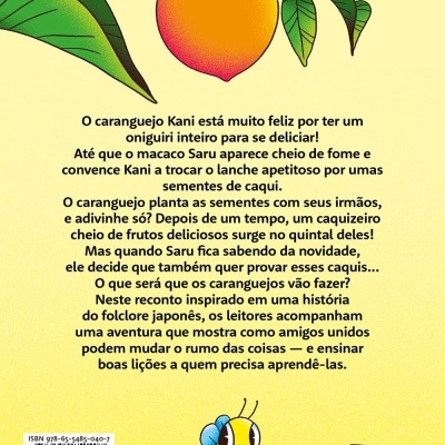 Verso de livro amarelo com texto em português e ilustrações de abelha e frutos com folhas.