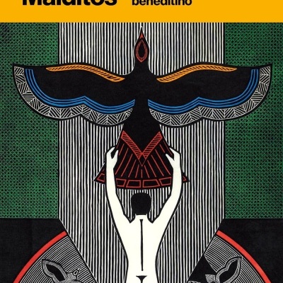 Capa do livro A Casa dos Malditos com ilustração de homem segurando pássaro estilizado e texto em amarelo e preto
