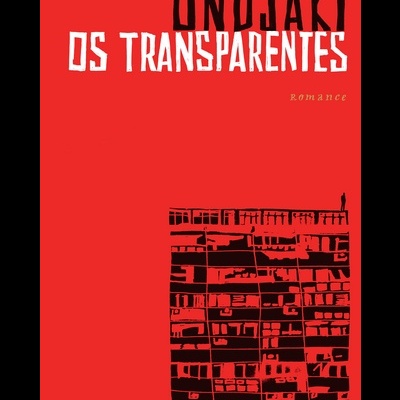 Capa de livro vermelha com título ONDJAKI OS TRANSPARENTES e ilustração de prédio
