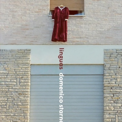 Vestido de veludo bordô com detalhes brancos pendurado numa janela de estore castanho numa parede de tijolos claros com texto vertical e rodapé.
