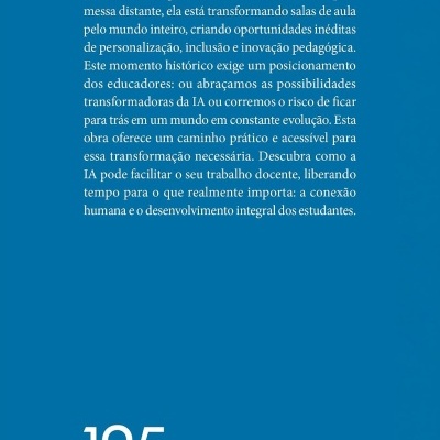 Capa traseira azul de livro sobre inteligência artificial na educação com texto, logotipo e código de barras