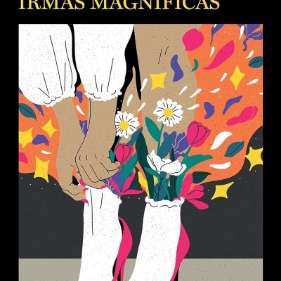 Ilustração colorida de mãos a calçar meia branca em sapatos rosa com flores a sair de dentro das meias.