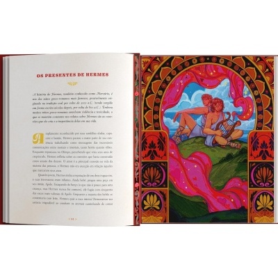 Livro aberto com texto e ilustração colorida de dois homens em paisagem e moldura decorativa