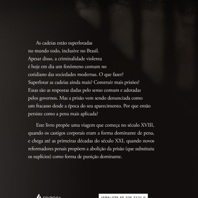 Contracapa de livro preto com texto em português sobre prisões, logo da Editora Vozes e código de barras
