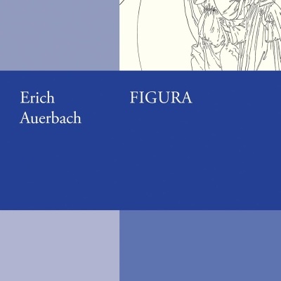 Capa de livro Figura de Erich Auerbach em tons de azul e branco com desenho a linha de duas figuras