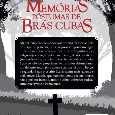Capa traseira do livro Memórias Póstumas de Brás Cubas de Machado de Assis com árvores e cruz em fundo cinza