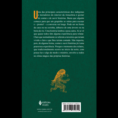 Contracapa de livro verde escuro com texto em português, ilustração amarela de personagem indígena e logotipos.