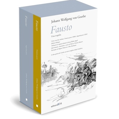 Caixa de livro Fausto de Goethe com duas volumes, lombadas azul e amarelo, ilustração a preto e branco.