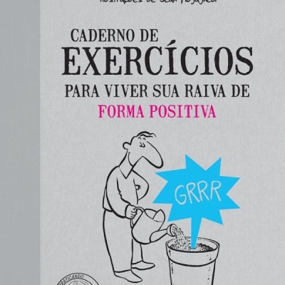 Capa de caderno de exercícios com título e ilustração de pessoa a regar vaso com balão de fala GRRR
